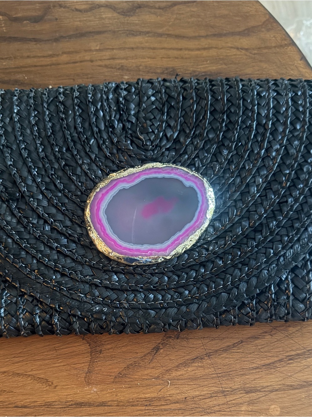 Black Woven Clutch with Pink Agate Accent